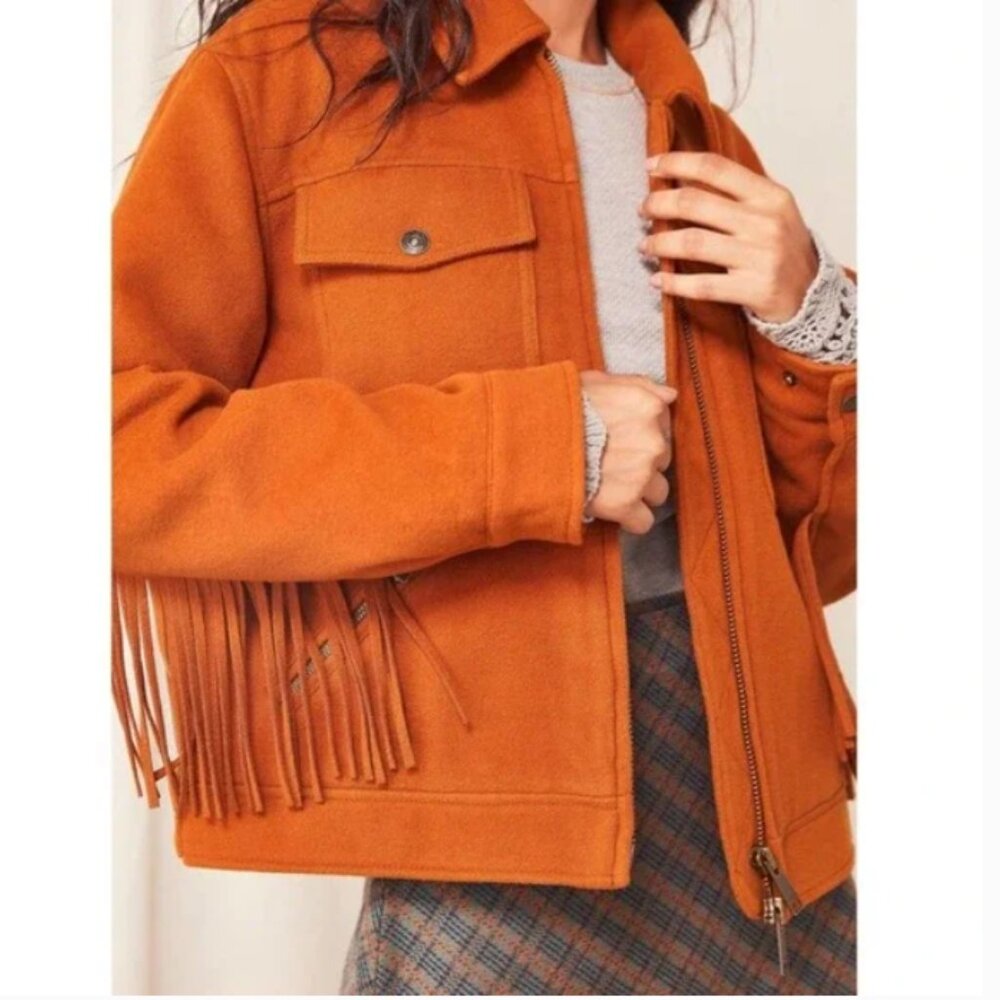 NWOT FP We The Free Phoenix Fringe Jacket Orange/Brown Size Small